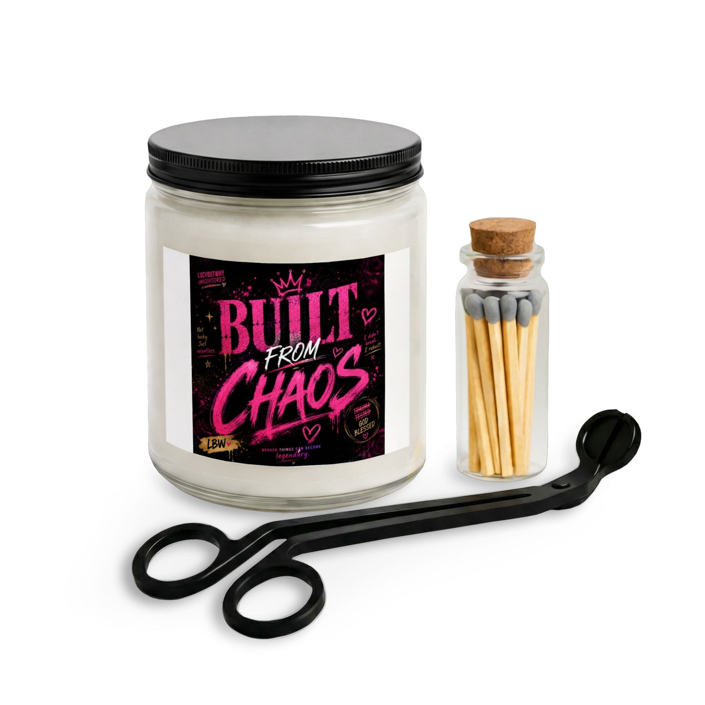 LucyButWhy “Built From Chaos” Candle Set 🔥 | Soy Blend Candle + Matches + Wick Trimmer | Self-Care With Attitude