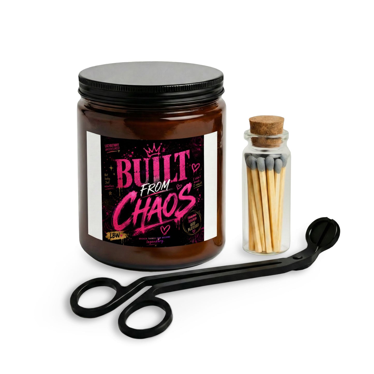 LucyButWhy “Built From Chaos” Candle Set 🔥 | Soy Blend Candle + Matches + Wick Trimmer | Self-Care With Attitude